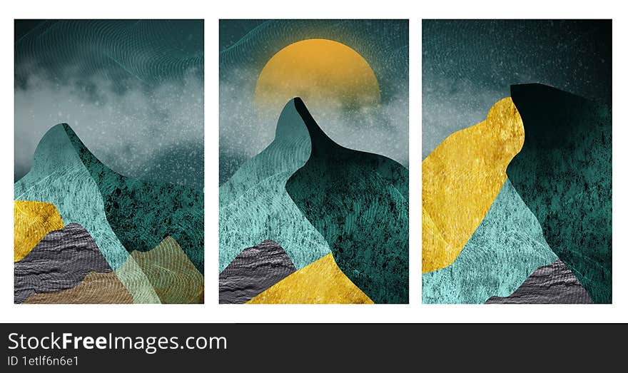 3d illustration landscape wallpaper. turquoise, black and golden mountains, moon and clouds. artwork wall home decoration