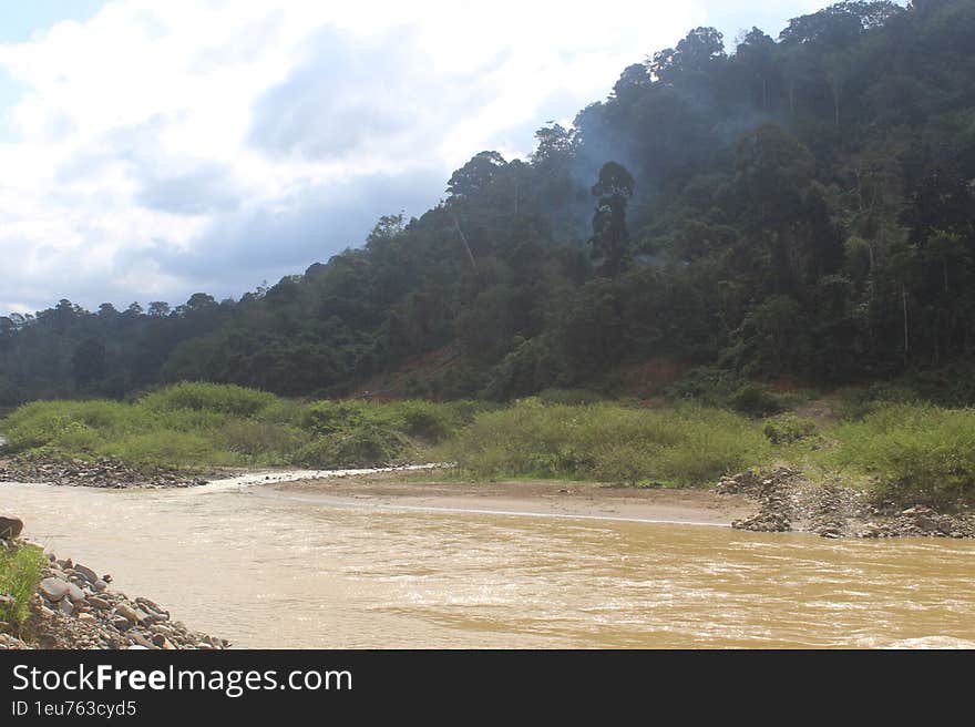 The flowing river in a village