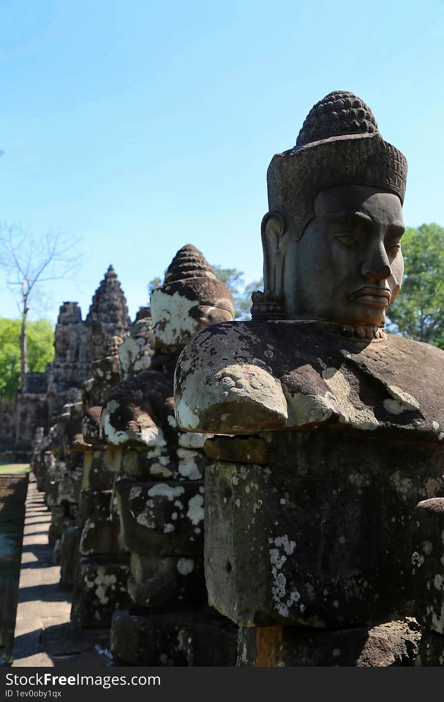 Stone statues, ancient civilization. Phnom Penh-Siam Reap-Angkor Wat.Siem Reap City