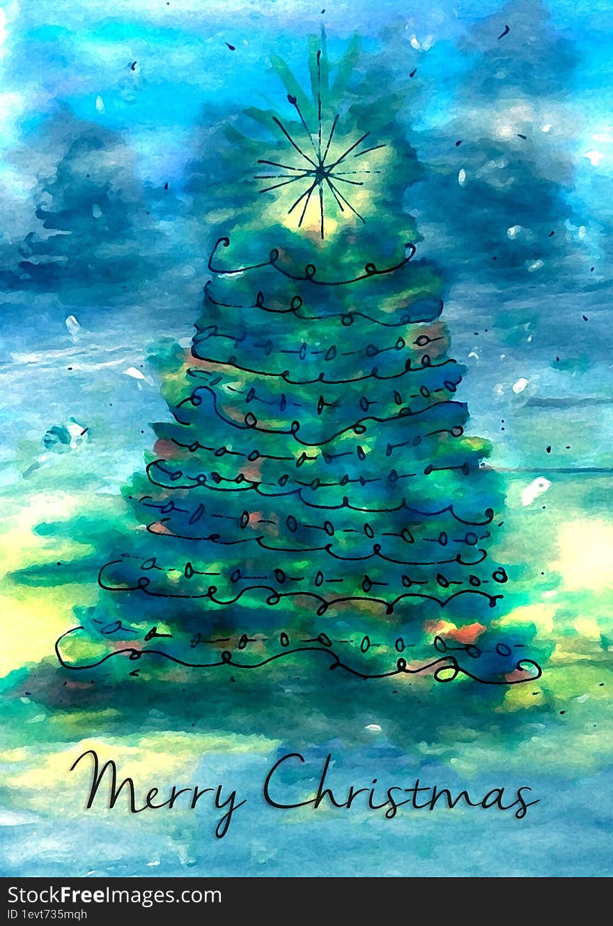 Blue Christmas Tree Winter Scene Merry Christmas