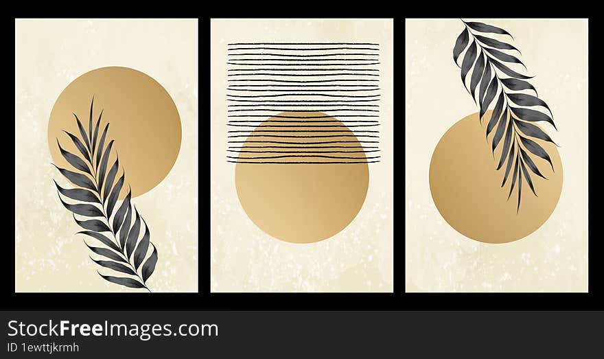 flat boho wall poster. illustration canvas artwork. tree leaves branches, golden moon and lines. modern minimalism art