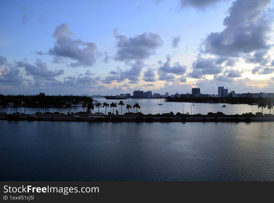 Wide angle view of Miami Breach and the `intra-Coastal Waterway at Dawn