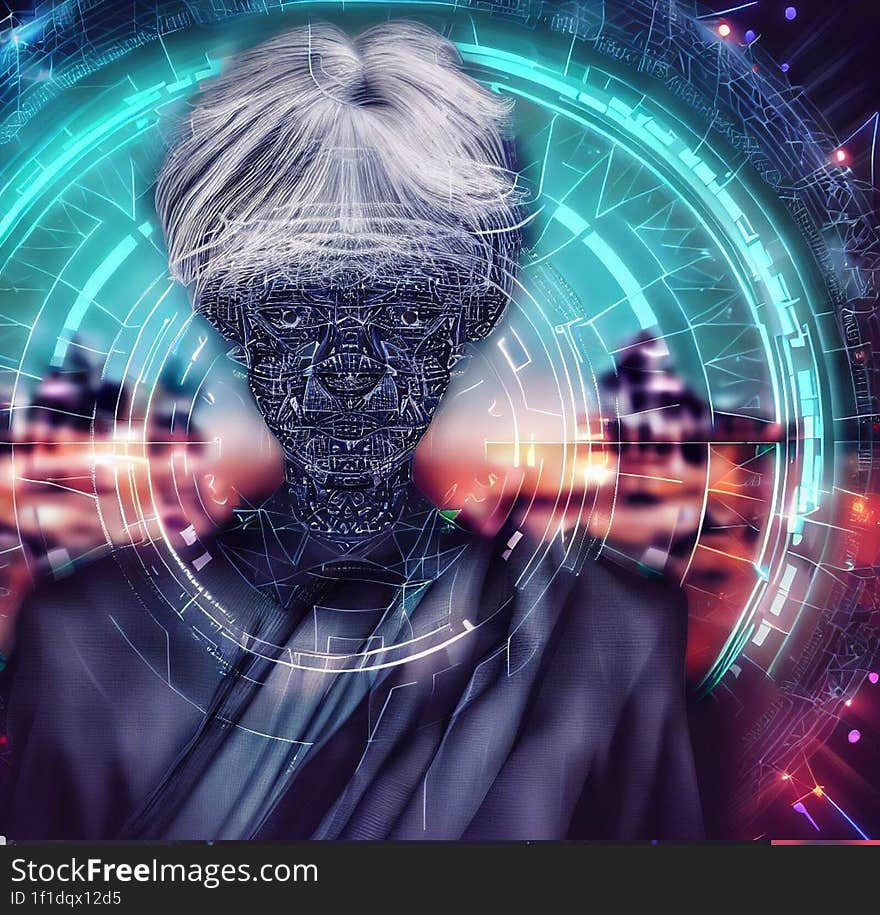 An AI image of a person with gray hair and a black jacket with a modern India background