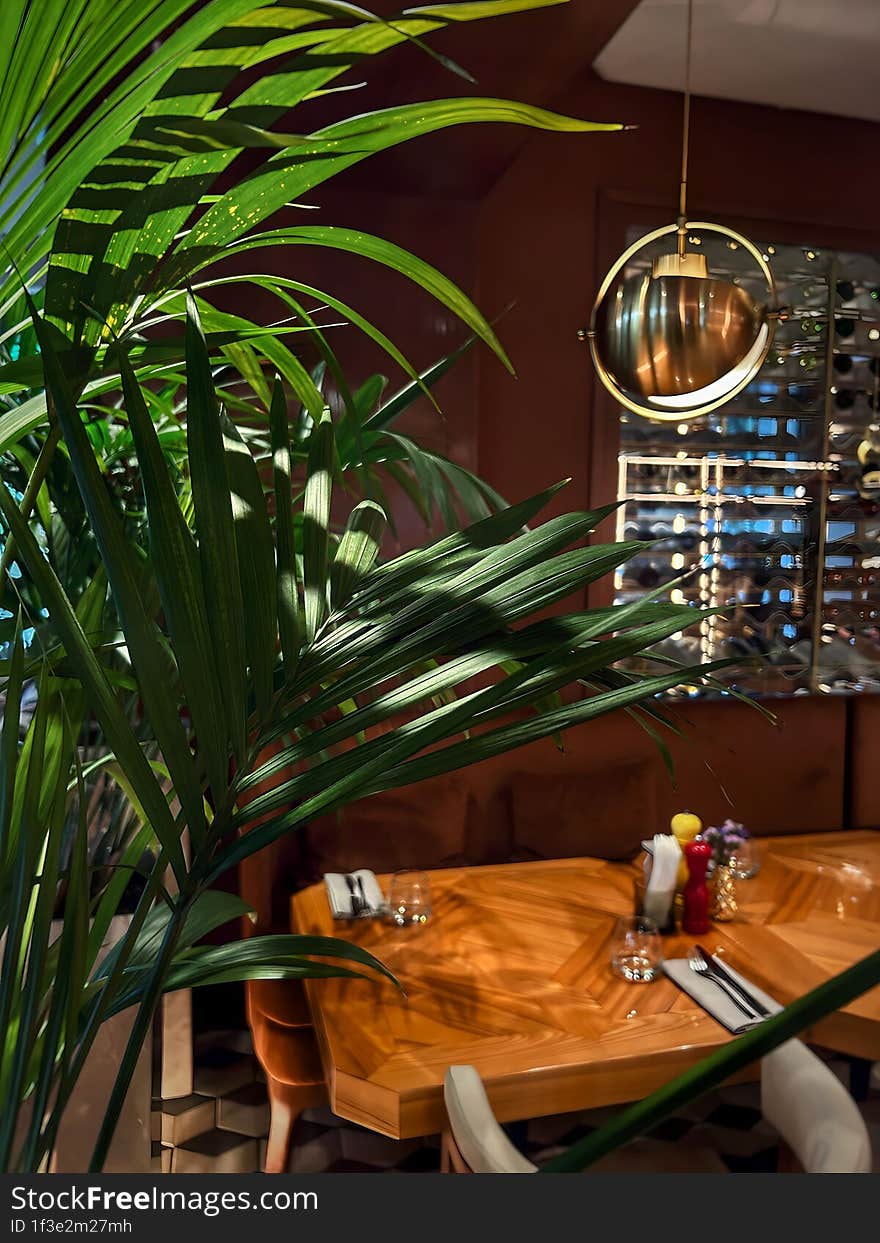 Green flower in dark restaurant interior in front of lamp and table