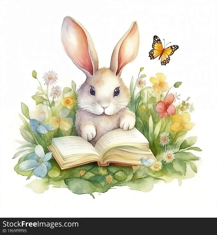 rabbit sits and reads a book on the grass near the river, watercolor, clipart, illustration, Ai Generative