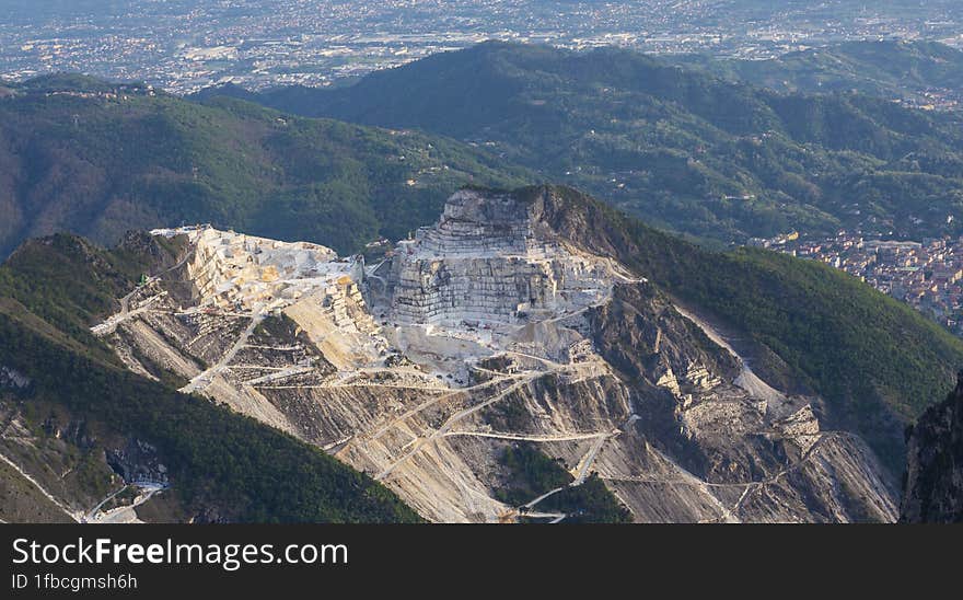 Impressive scenery in the Apuan Alps, Italy, with the Carrara marble quarries in the background