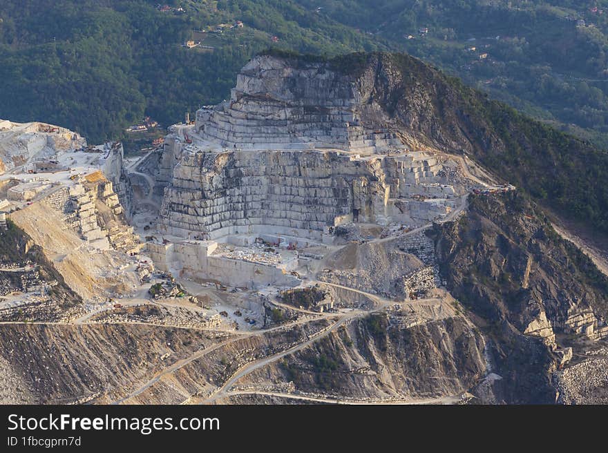 Impressive scenery in the Apuan Alps, Italy, with the Carrara marble quarries in the background, in spring