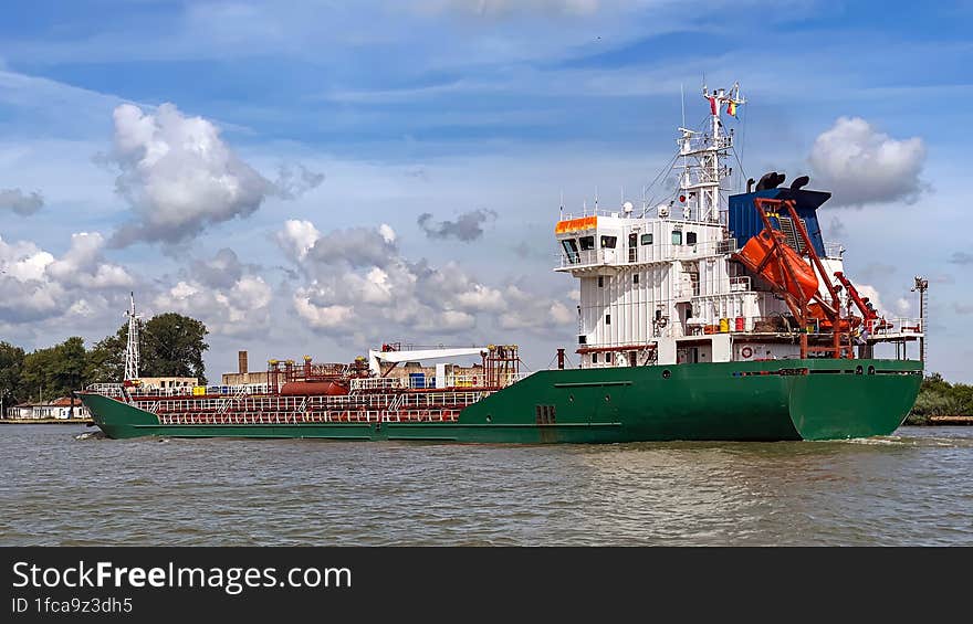 Cargo Ship Transiting Danube Waterway Through Sulina