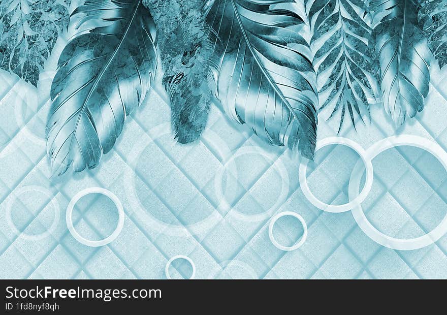 3d classic mural wallpaper. leaves and white circles on a light blue background