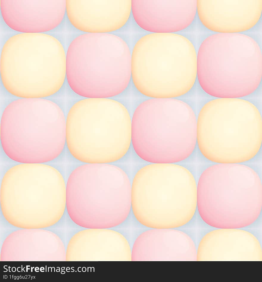 A seamless pattern with volumetric tiles resembling blister packs of candy. Geometric background, trendy backdrop in sweet pastel colors