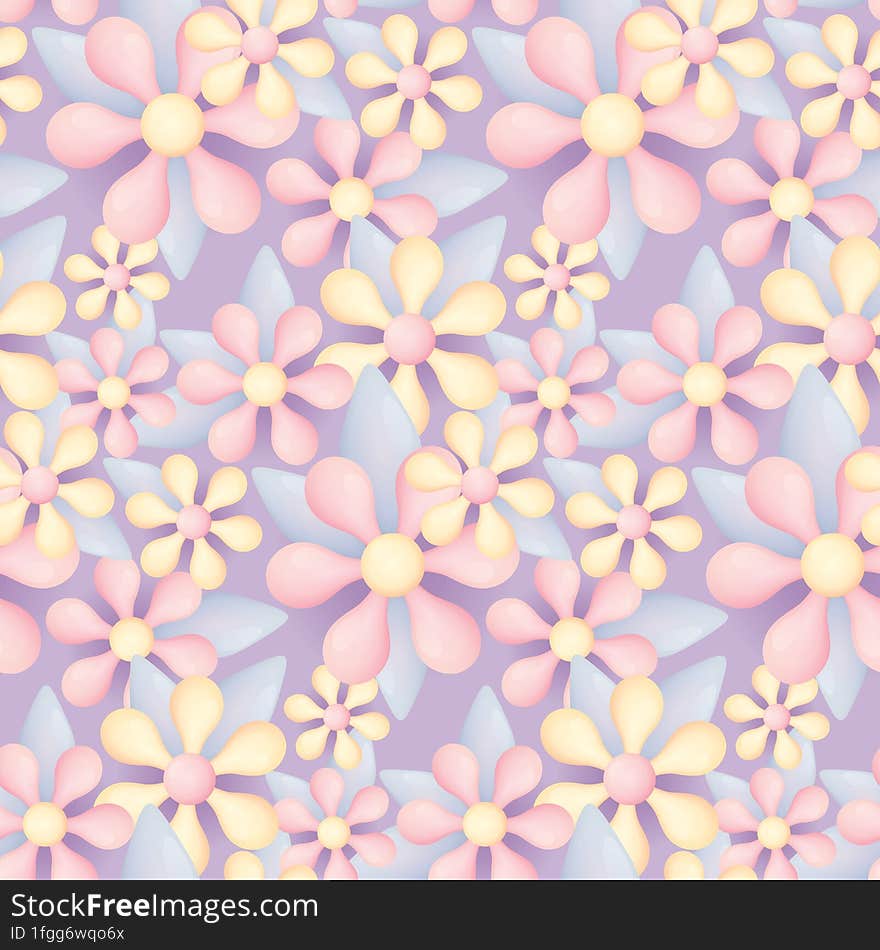 Seamless pattern with flowers and leaves, as if made of glass. Delicate floral print with flower heads on a lilac field. Romantic