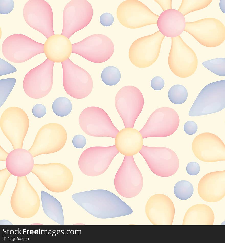 Seamless pattern with delicate glassy flowers, leaves and drops on a light background. Delicate floral print, romantic botanical b