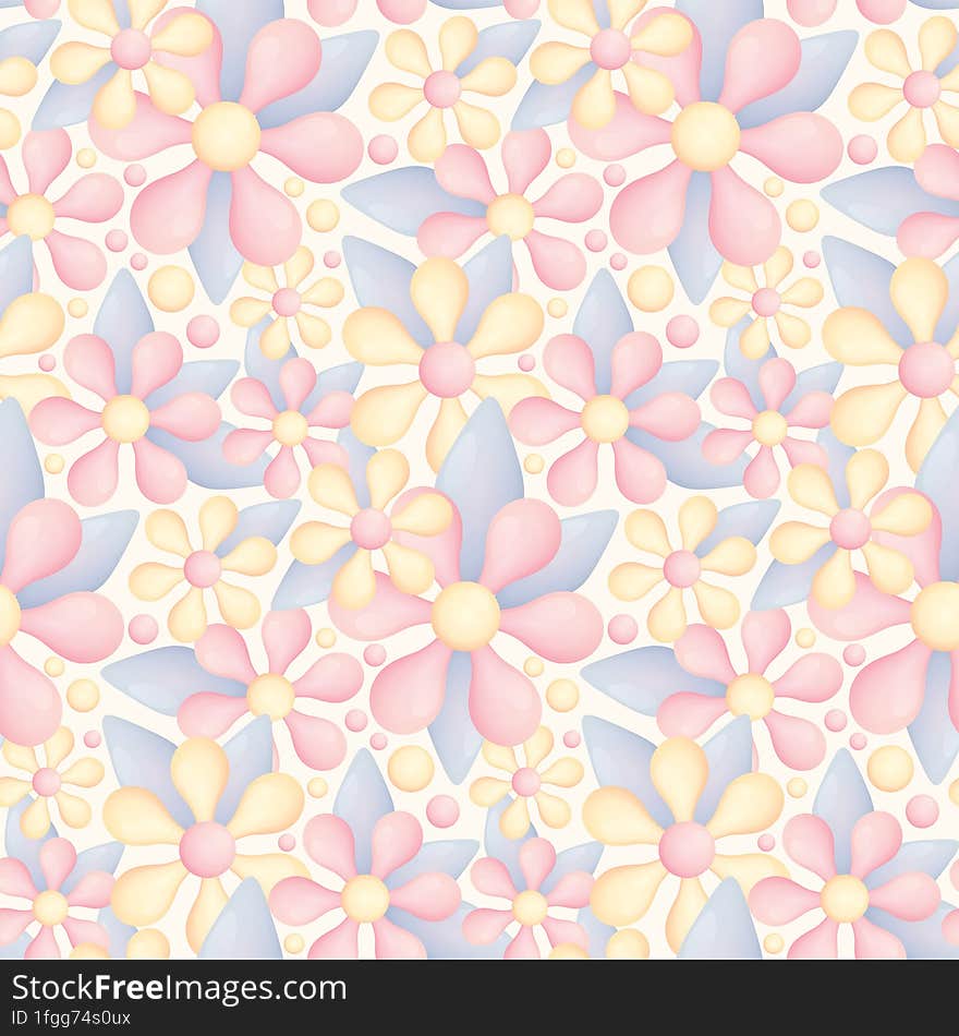 Seamless floral pattern with three-dimensional flowers in pastel colors. Botanical background with delicate plants, flowers, leaves. Imitation of products blown from glass