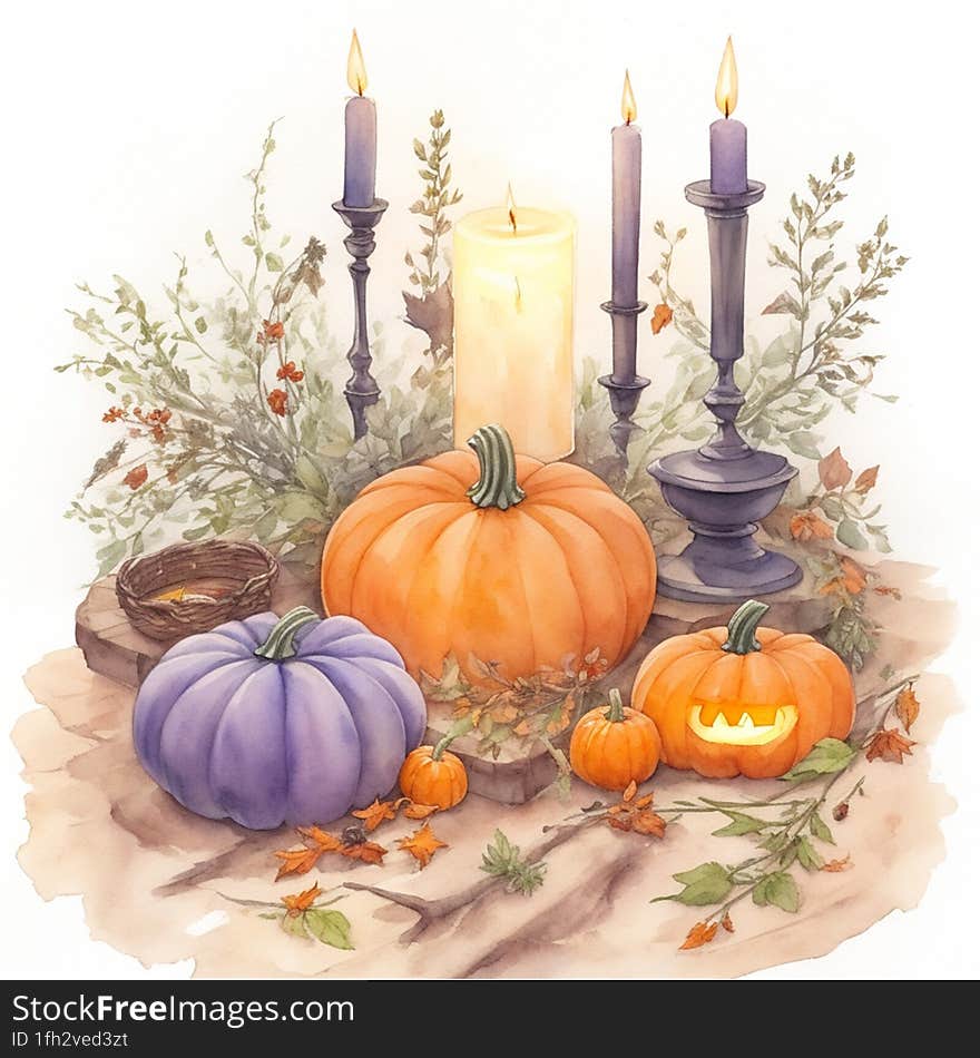 watercolor helloween illustration with herbs and pumkin and candles