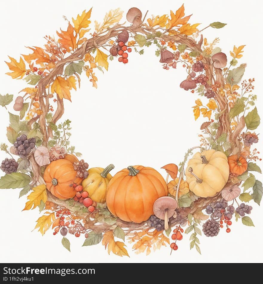 watercolor illustration with autumn herbs and pumpkins