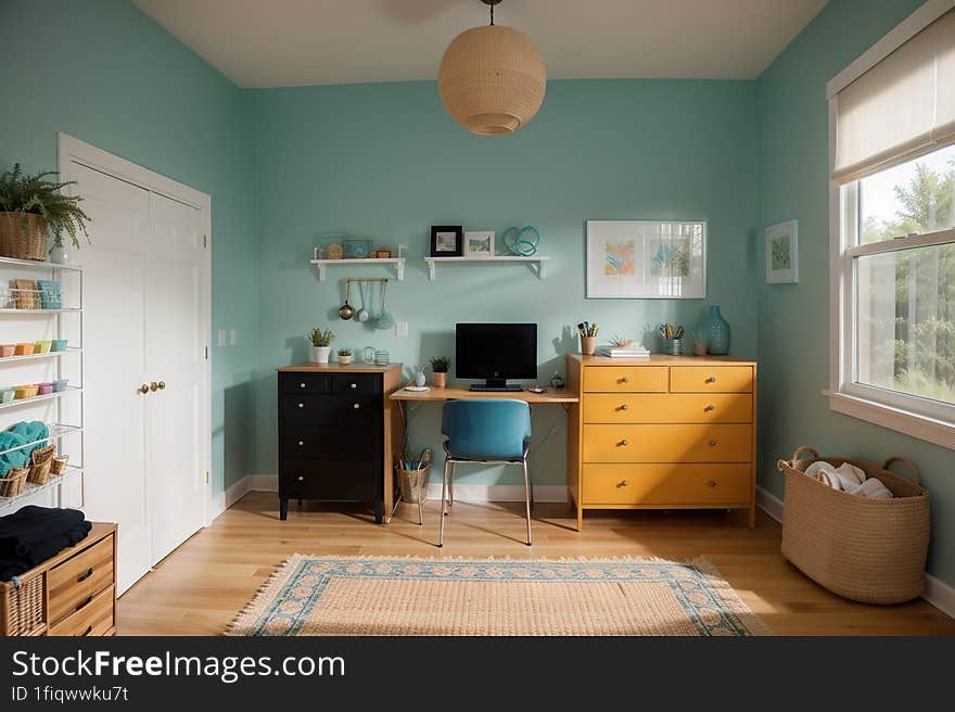 Craft Room of Coastal Calm This interior design showcases a Craft Room coastal calm that incorporates elements to emphasize both comfort and style. The design leverages a carefully chosen color scheme and strategically placed furniture to create a harmonious space.