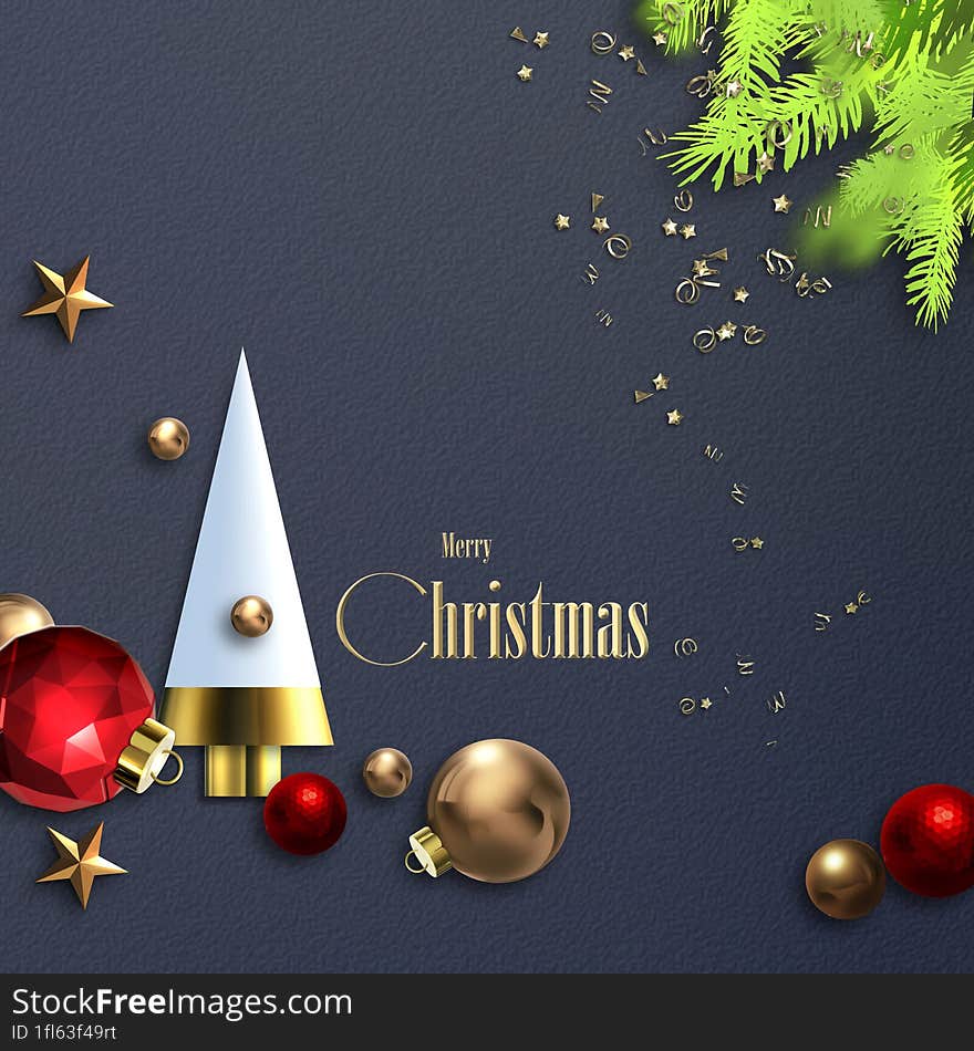 Beautiful Christmas holiday card. Abstract red bauble, abstract Xmas tree in blue. Xmas 2024 New Year corporate card invitation, place for text. Golden text Merry Christmas 3Drender