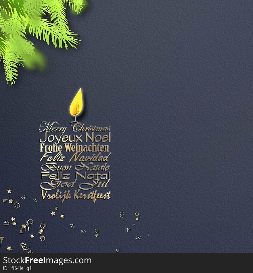 Merry Christmas card in different languages in shape of candle on blue background, fir branches, gold confetti. Corporate Christma