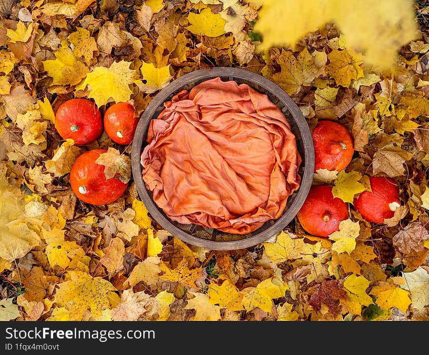 Round Wooden Basket For A Newborn Baby For Composite Photography, With A Blanket Inside, Stands On Orange Autumn Leaves Surrounded