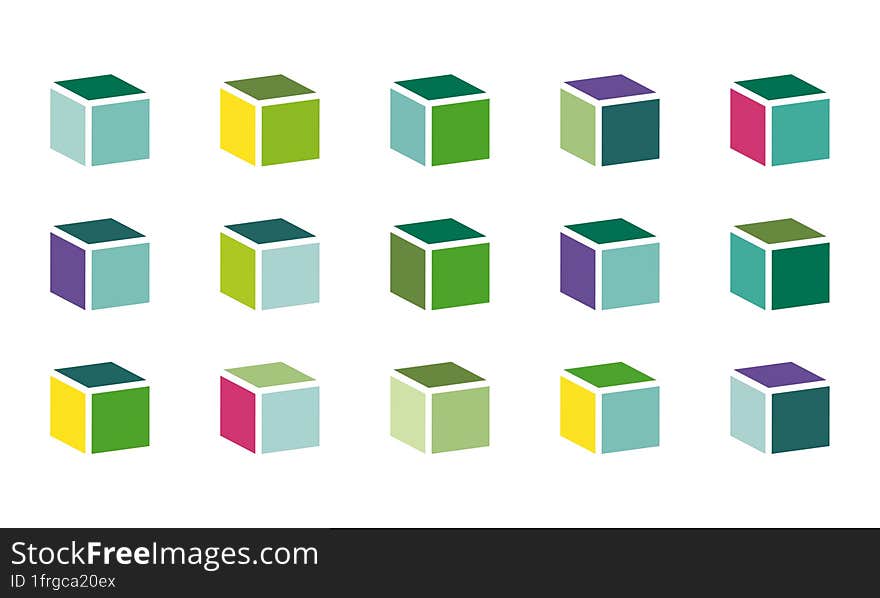 Colorful cubes. Set of 16 green cubes in three rows. Isolated vector illustration on white background. PNG image.