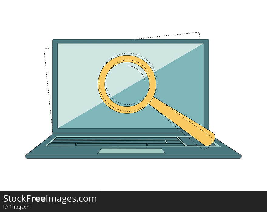 Web Search Concept. Laptop With A Magnifying Glass On The Screen, With A Magnifier. Vector Illustration On A White Background