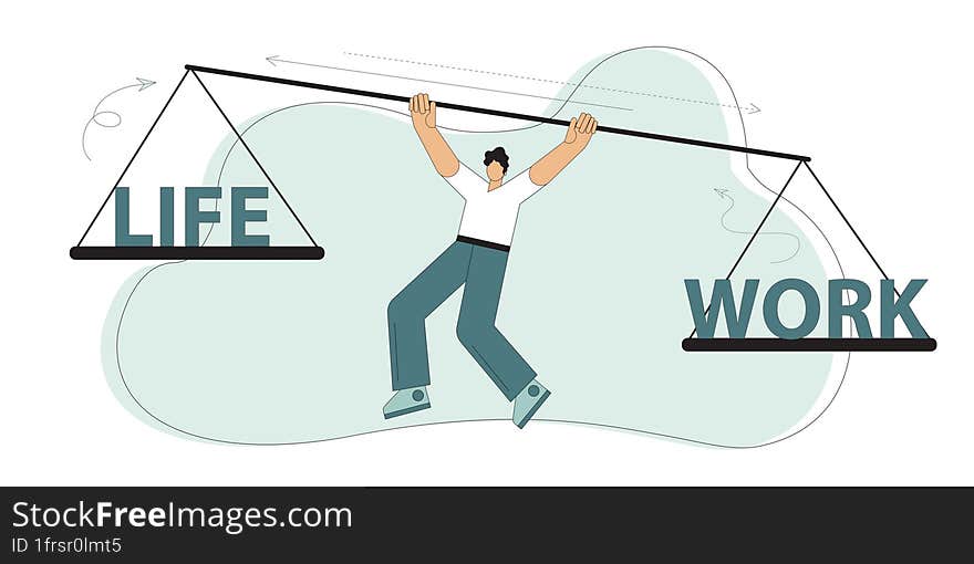 Balance work and personal life, like a career or family relationship. A man holds in his hands the scales on which life and work. Vector flat illustration