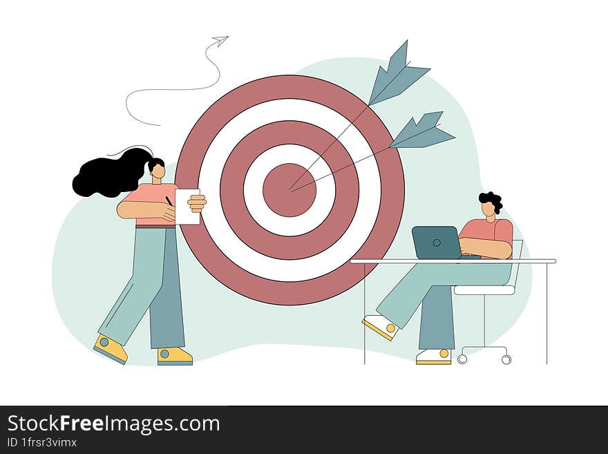 Goal setting. Accurate shot. Focusing on the work goal and achieving the best results for the task. Vector flat illustration