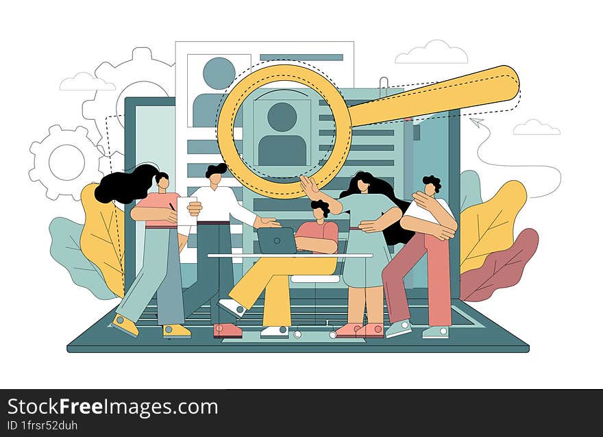 HR and headhunter service. Man and woman office workers standing in front of list of job applicants. hoice of worker or personnel, staff recruitment or employee hiring