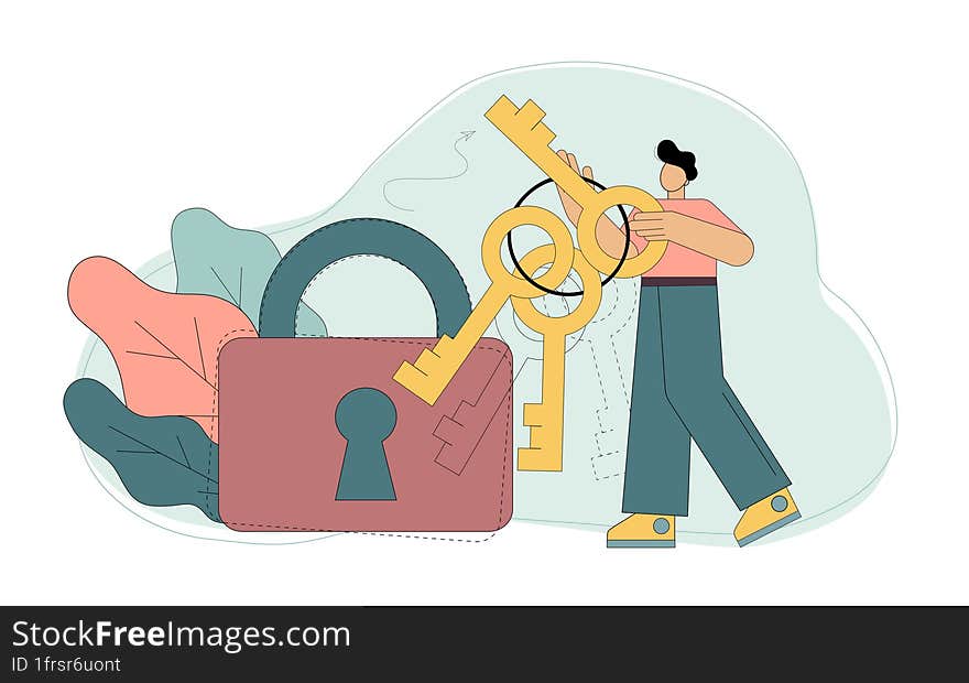 Key selection. Choice. Man looking for forgotten password, account protection. Search for the answer to the question. Vector flat illustration