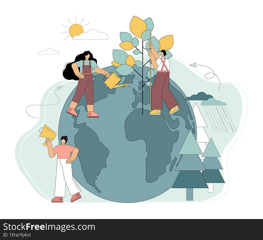 Reforestation of the planet. Nature care. Horticulture and food farming around the world. Vector flat illustration