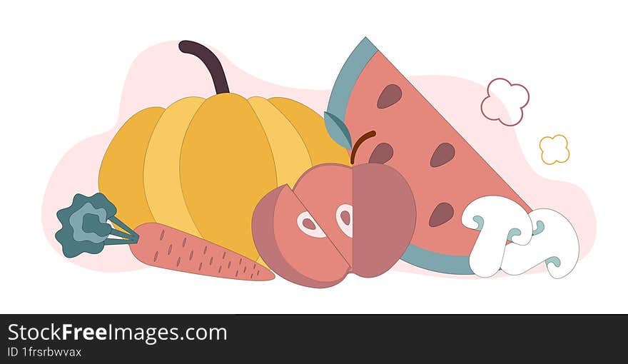 Vegetarianism. Healthy food. Still life of vegetables and fruits. Vector flat illustration