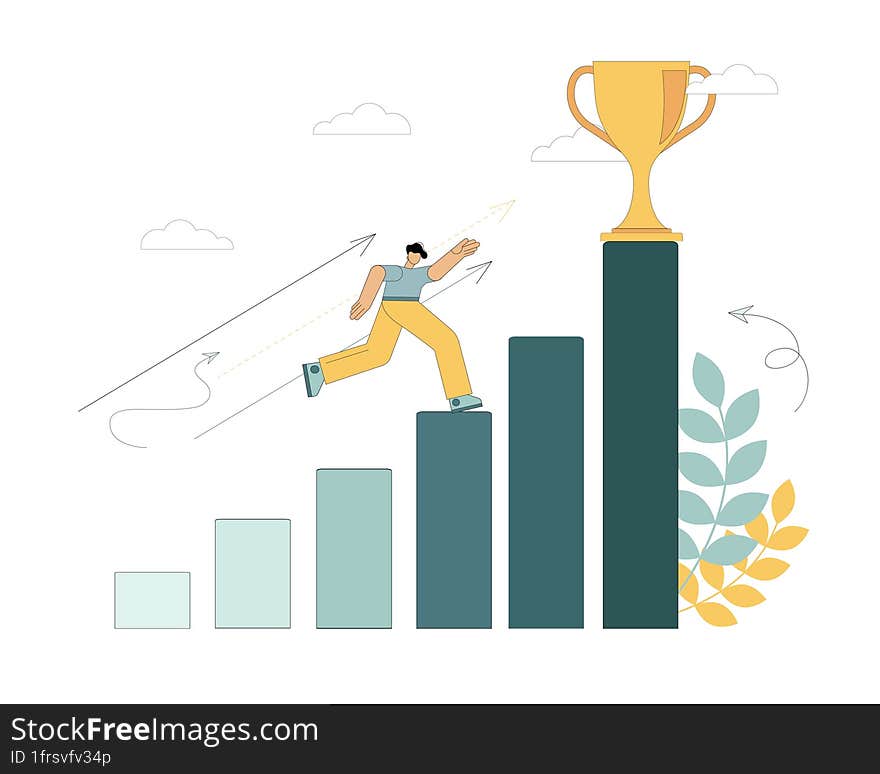 Vector flat illustration. A person runs towards his goal along the bars of the histogram. Moving up the career ladder. Motivation for success