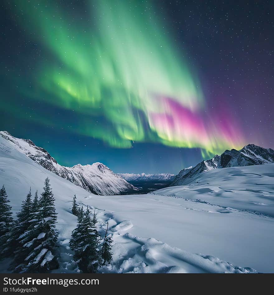 Majestic view of the Northern Lights over a snow-covered mountain, high-res photography