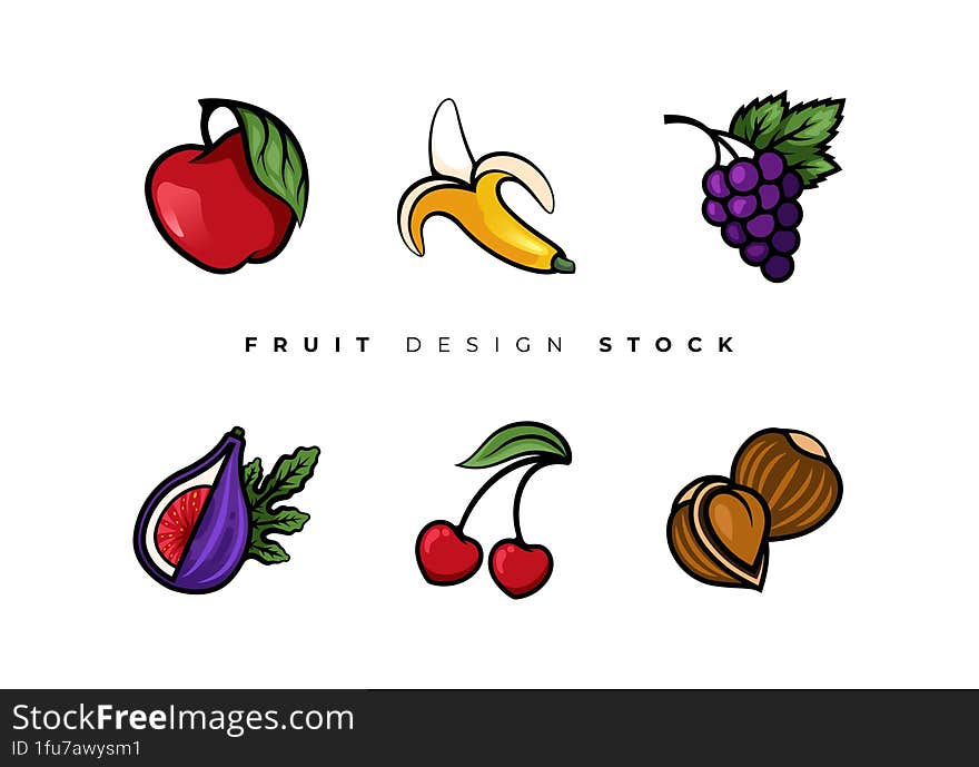 This is Fruit design asset bundle, Modern Vector and Colorful Design. Apple, Banana, Cherry, Fig, Grape and Hazelnut Fruit