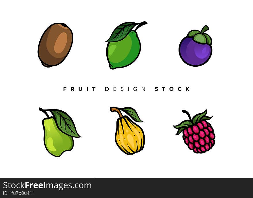 This is Fruit design asset bundle, Modern Vector and Colorful Design. Kiwi, Lime, Mangosteen, Pear, Quince and Raspberry Fruit