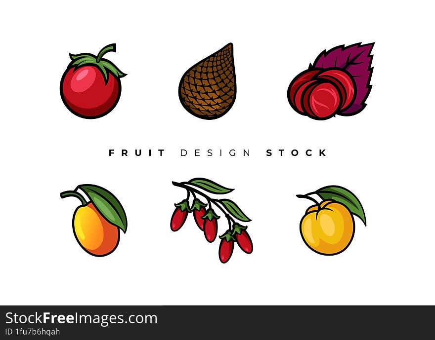 This is Fruit design asset bundle, Modern Vector and Colorful Design. Tomato, Salak, Umeboshi, Ximenia, Wolfberry and Yuzu Fruit