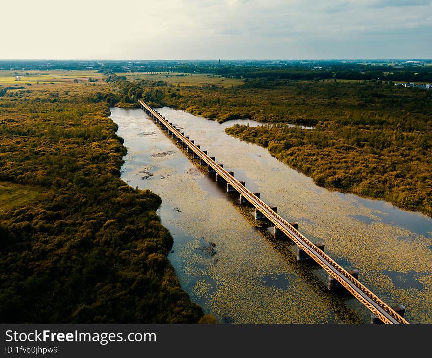 Aerial drone view of the historical unfinished railway bridge of Moerputtenbrug in Noord Brabant, the Netherlands.