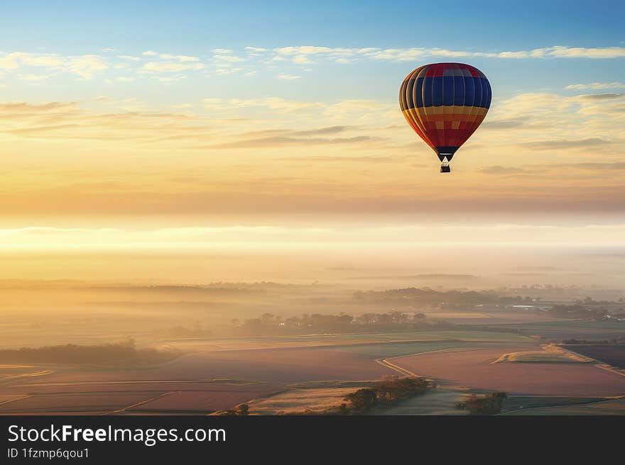 As the sun graces the horizon, casting its golden glow over the patchwork landscape, the hot air balloon rises in serene silence, embracing the magic of dawn.