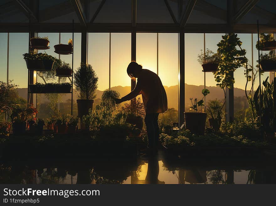 As The Sun Casts A Golden Hue, A Man Is Deeply Immersed In His Passion, Nurturing The Plants In His Serene Greenhouse Sanctuary.