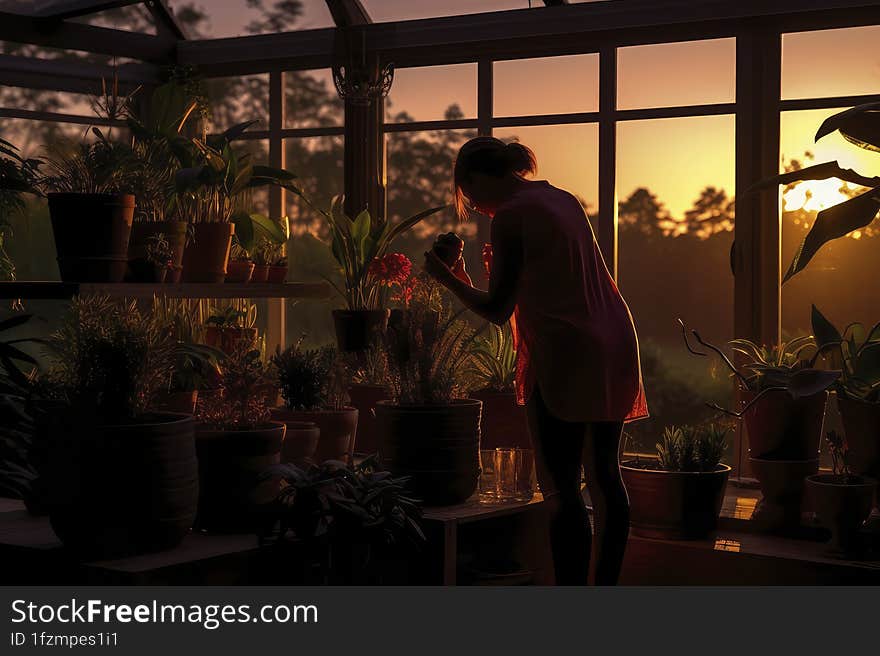 With a picturesque mountainous backdrop, a silhouette stands out, finding solace among potted wonders as day transitions into nigh