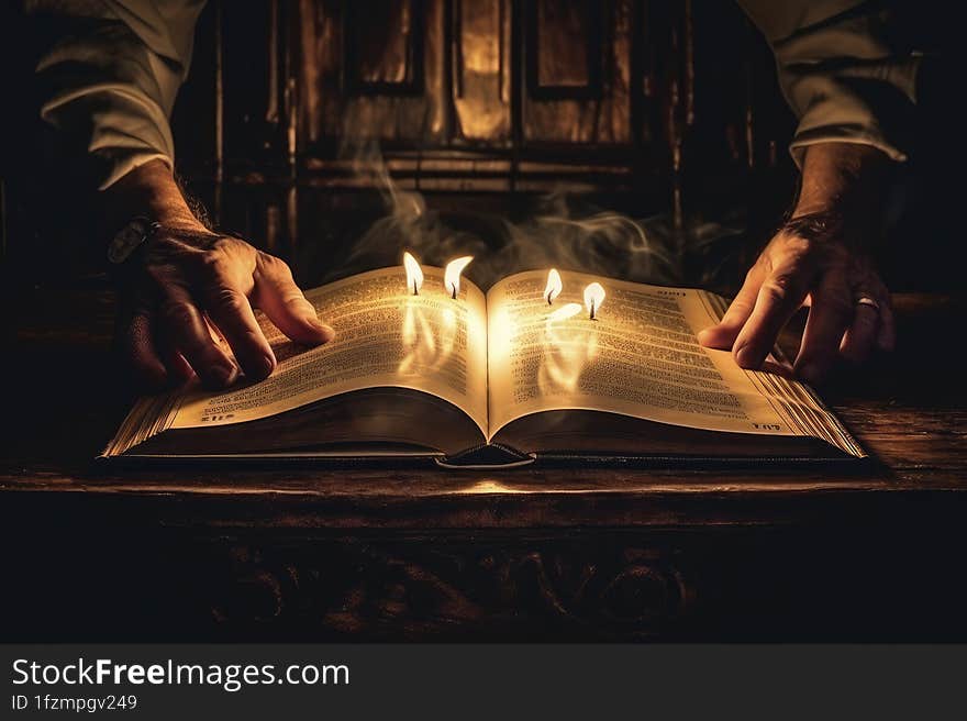 An intimate moment with literature, a hand steadies a candle, illuminating pages that have witnessed countless hours of reflection and imagination.