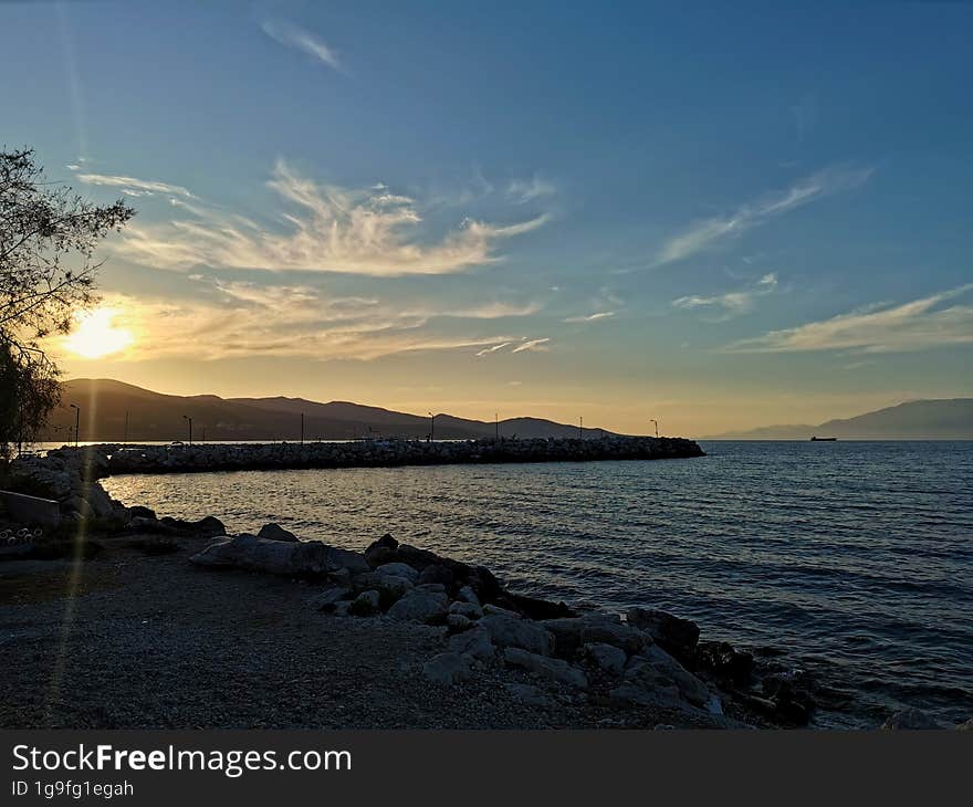 Alykes beach at sunset in Zakynthos, Greece