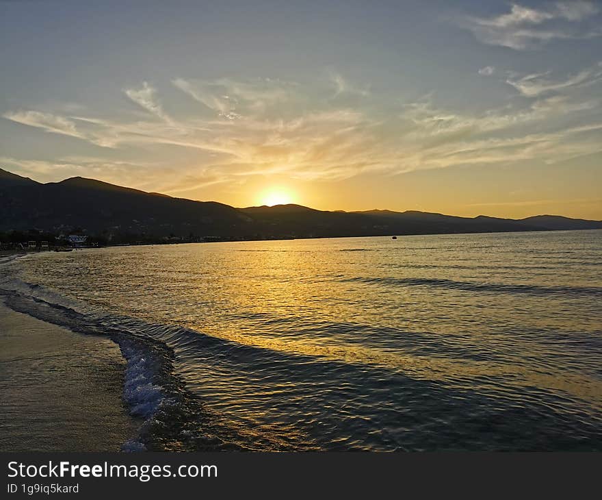 Sunset over Zakynthos island, Alykes Beach, Greece