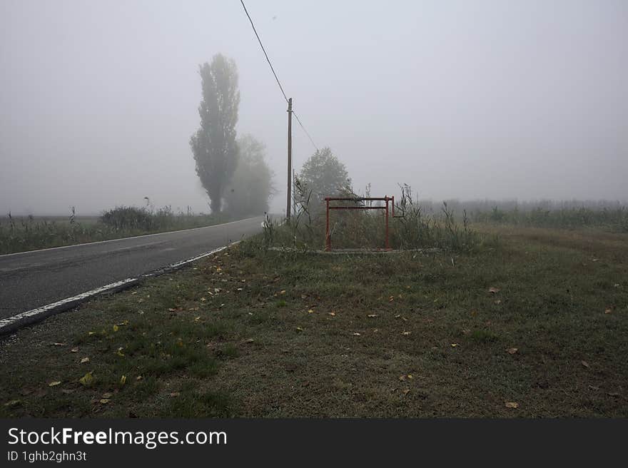 Narrow road bordered by a few trees and trenches with weirs on a foggy day in the italian countryside