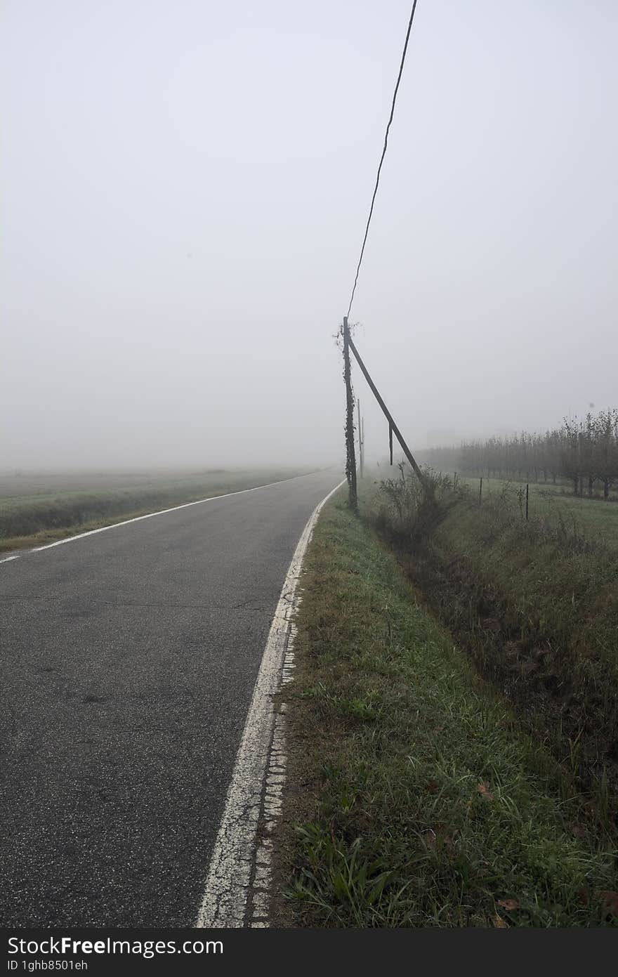 Road bordered by a trench and a power line next to fields on a foggy day in the italian countryside