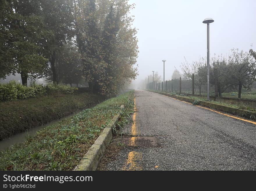 Bike lane on a foggy day next to a trench with water on a foggy day in the italian countryside