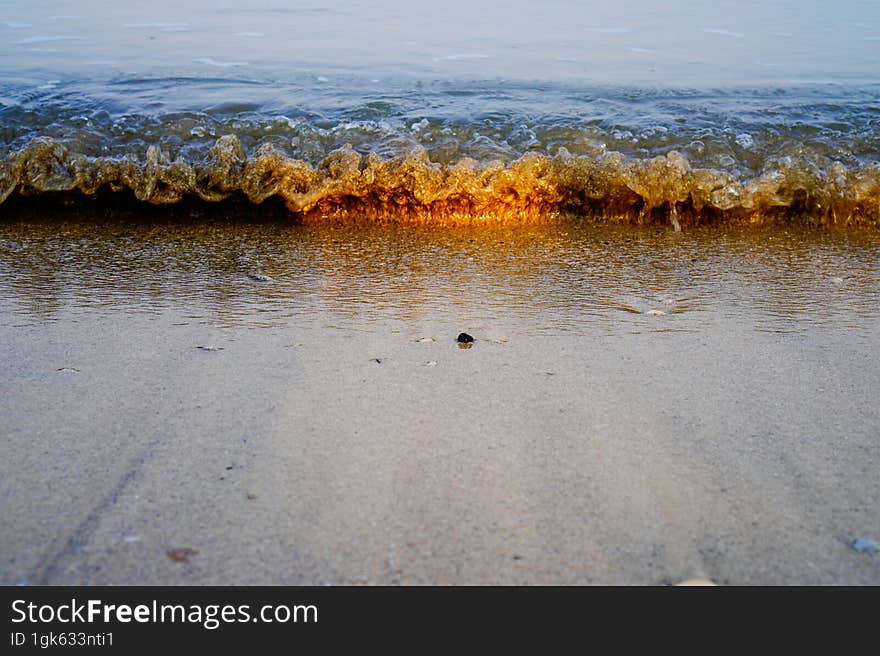 close-up view of small waves on the shoreline.