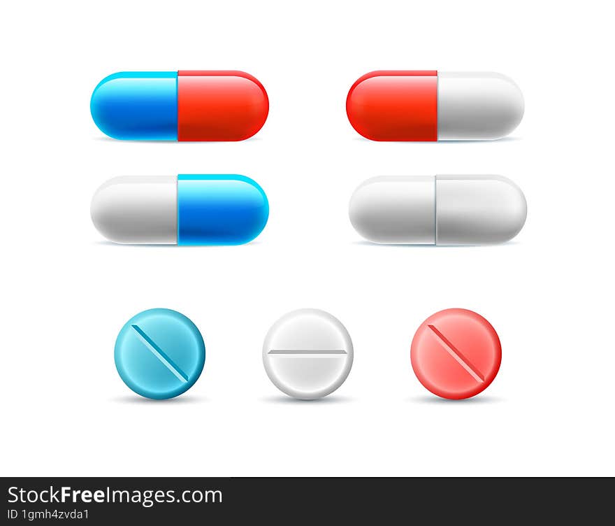 Set of different pills, capsules, and tablets. Illustration