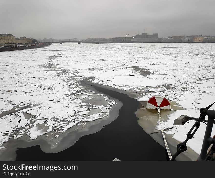 St. Petersburg, ice on the river in winter, view from the ship