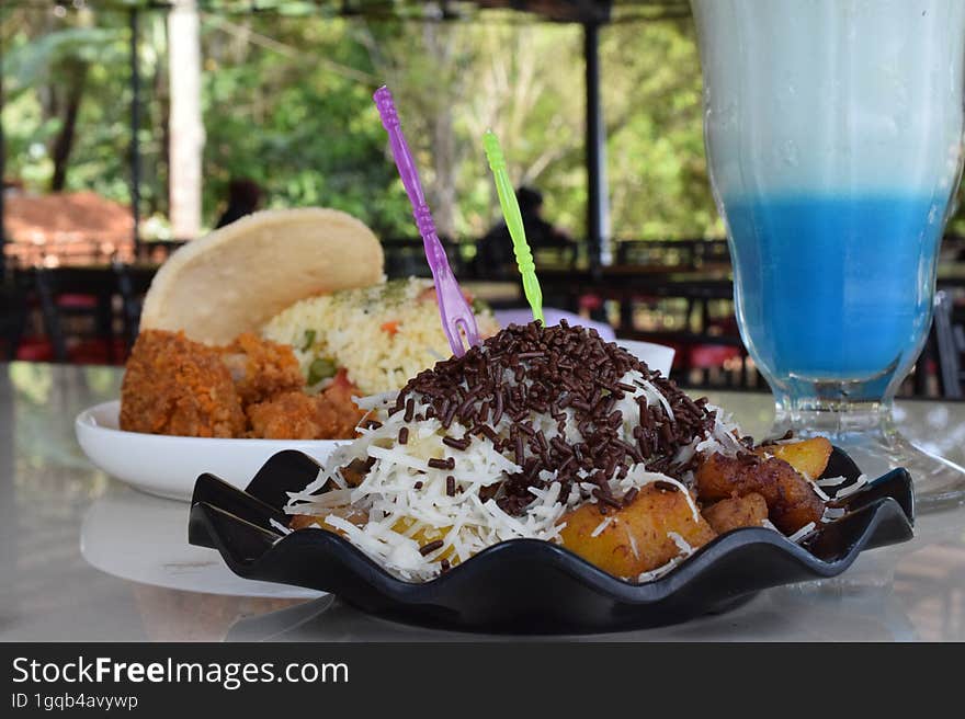 Fried Rice Chicken Katsu With Fried Banana Chocolate Cheese Indonesian Food